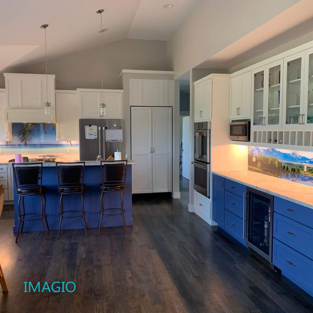 Kitchen Remodel using IMAGIO Mountains & Tropics Solid Glass Backsplash by IMAGIO