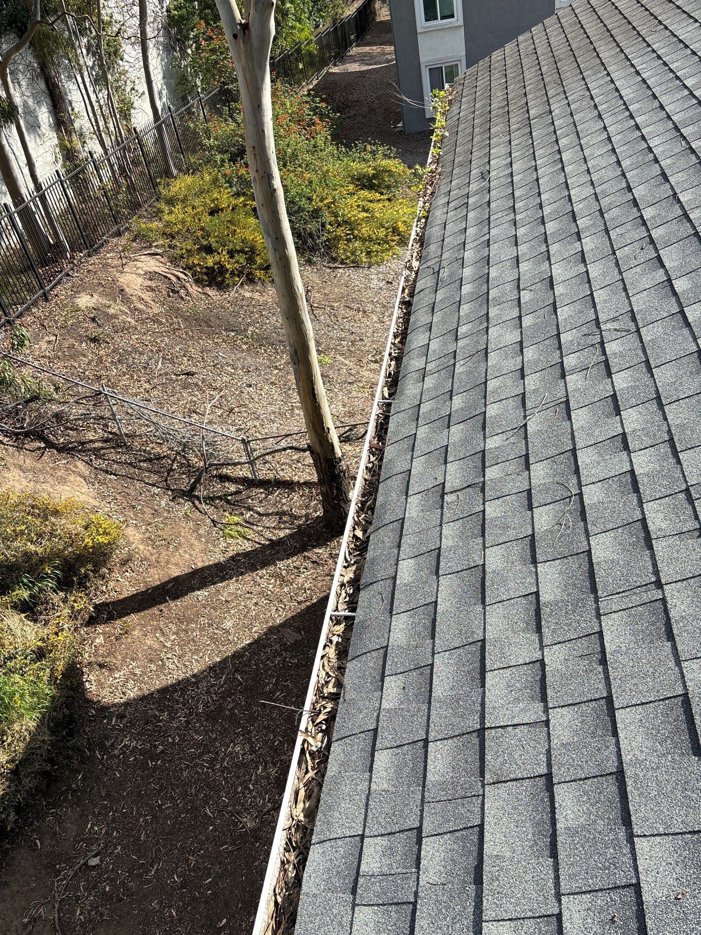 Commercial gutter cleaning San Deigo before photo with filled gutters