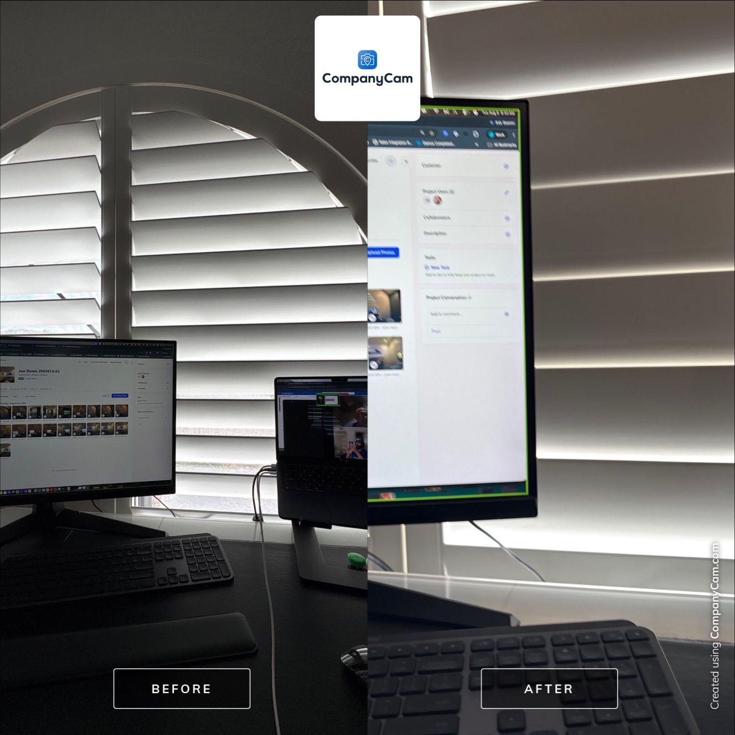 Phoenix Home Office Setup with Custom Arched Plantation Shutters by CompanyCam Sales Demo