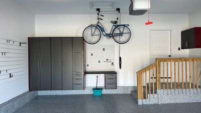 Sandy S. transformed her garage with a Banner Garage Floor and a cabinets