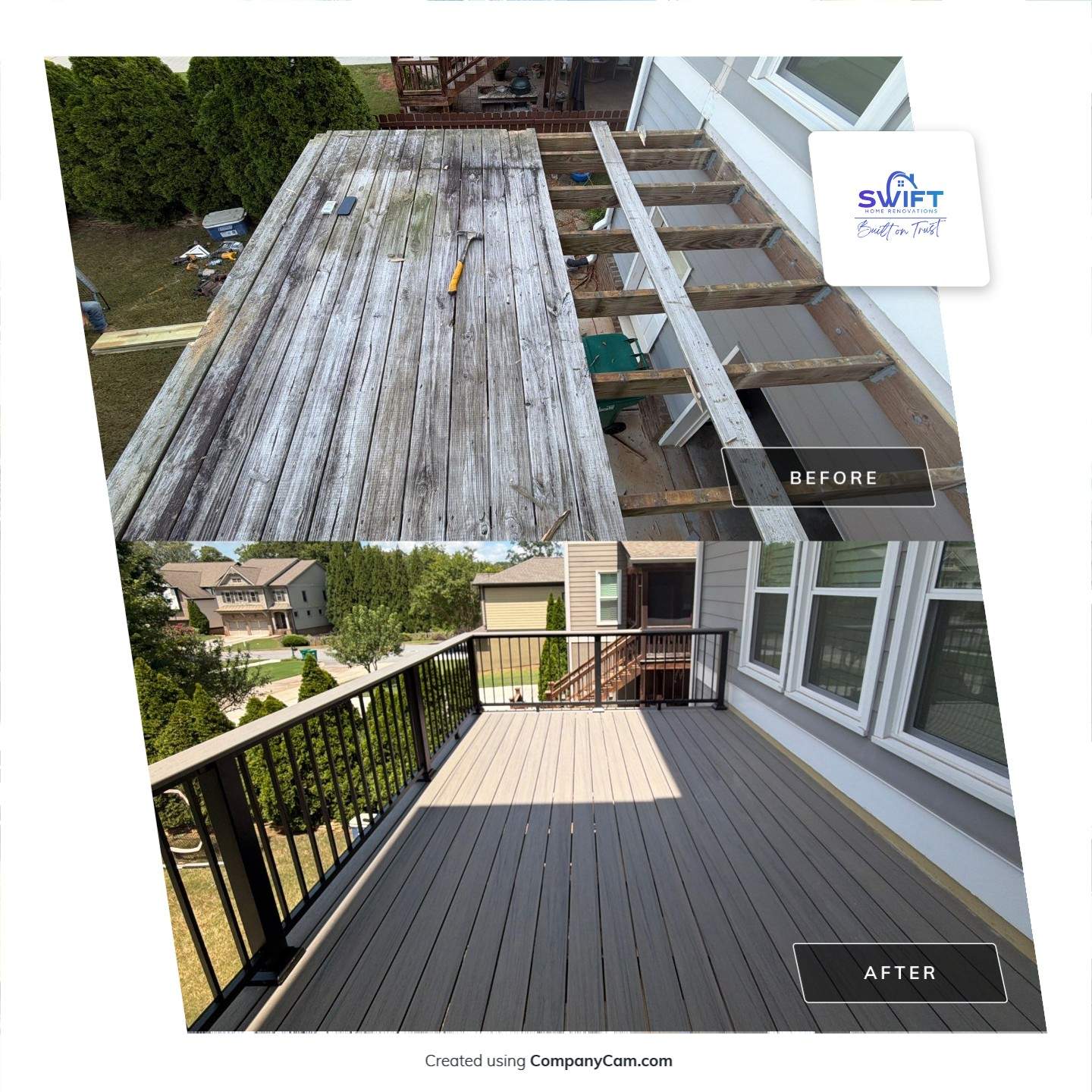 Elevated Composite Deck Replacement with Metal Railings in Smyrna by Swift Home Renovations 
