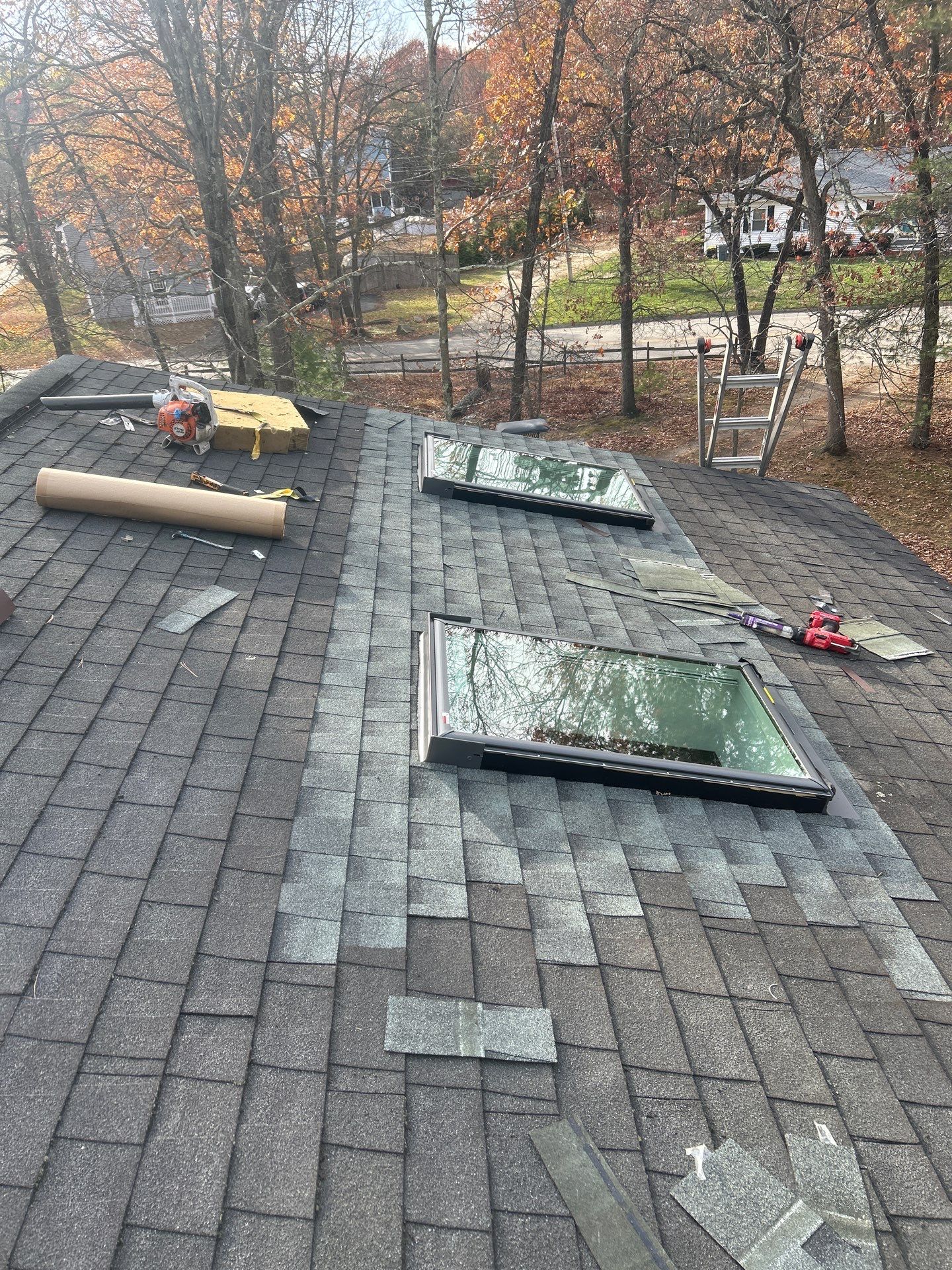 Chelmsford Triple Skylight Leak Repair with Fascia & Shingle Restoration by Mighty Dog Roofing of Greater Middlesex County