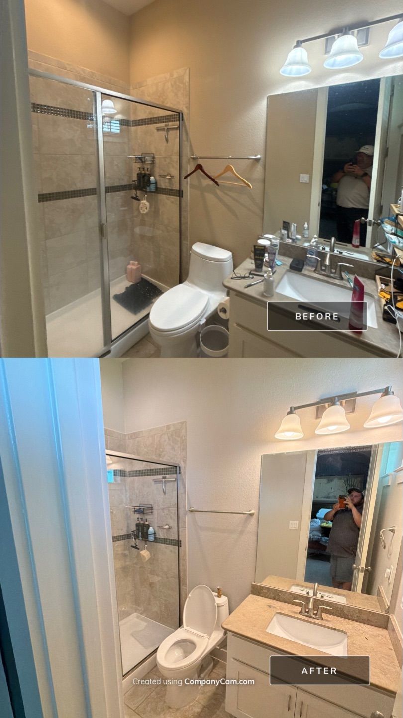 Before and after photo of a loft bathroom repainted by Hill Country Painting in Liberty Hill, TX