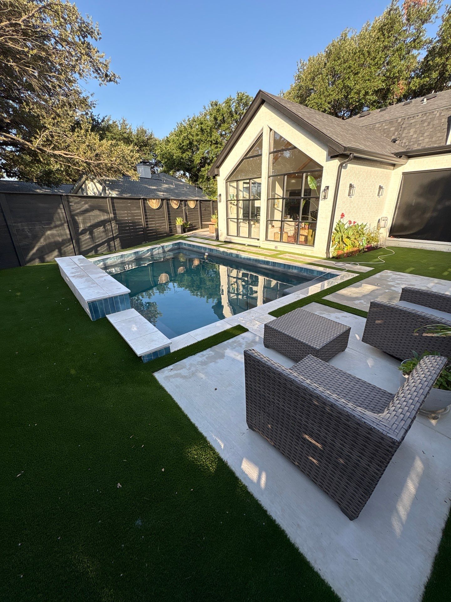 Modern Geometric Pool with Spa and Turf Surround by Pinnacle Pools and Spas - DFW