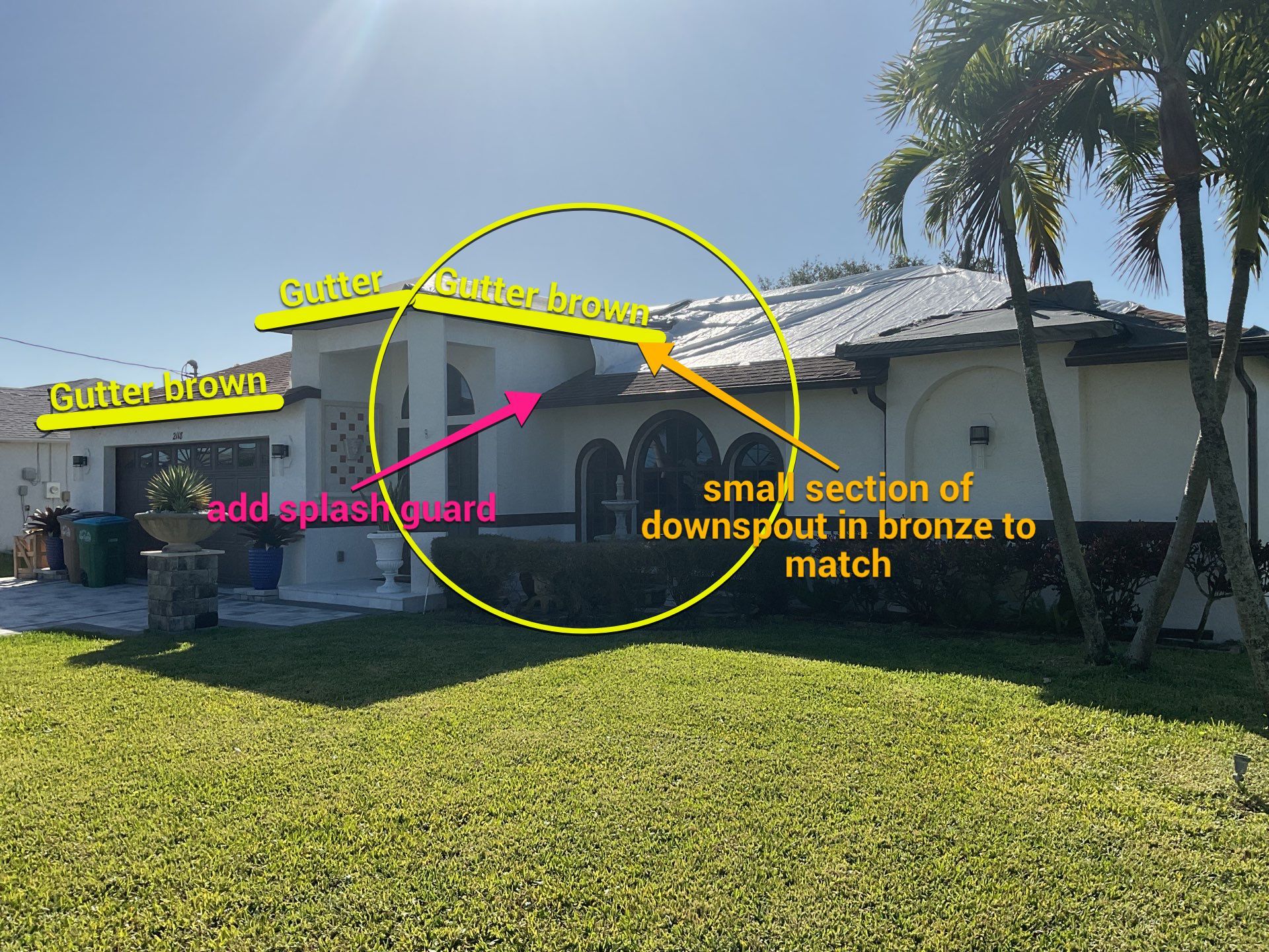 Brown Gutter + White and Brown Downspouts in Cape Coral FL by Gutter Professors