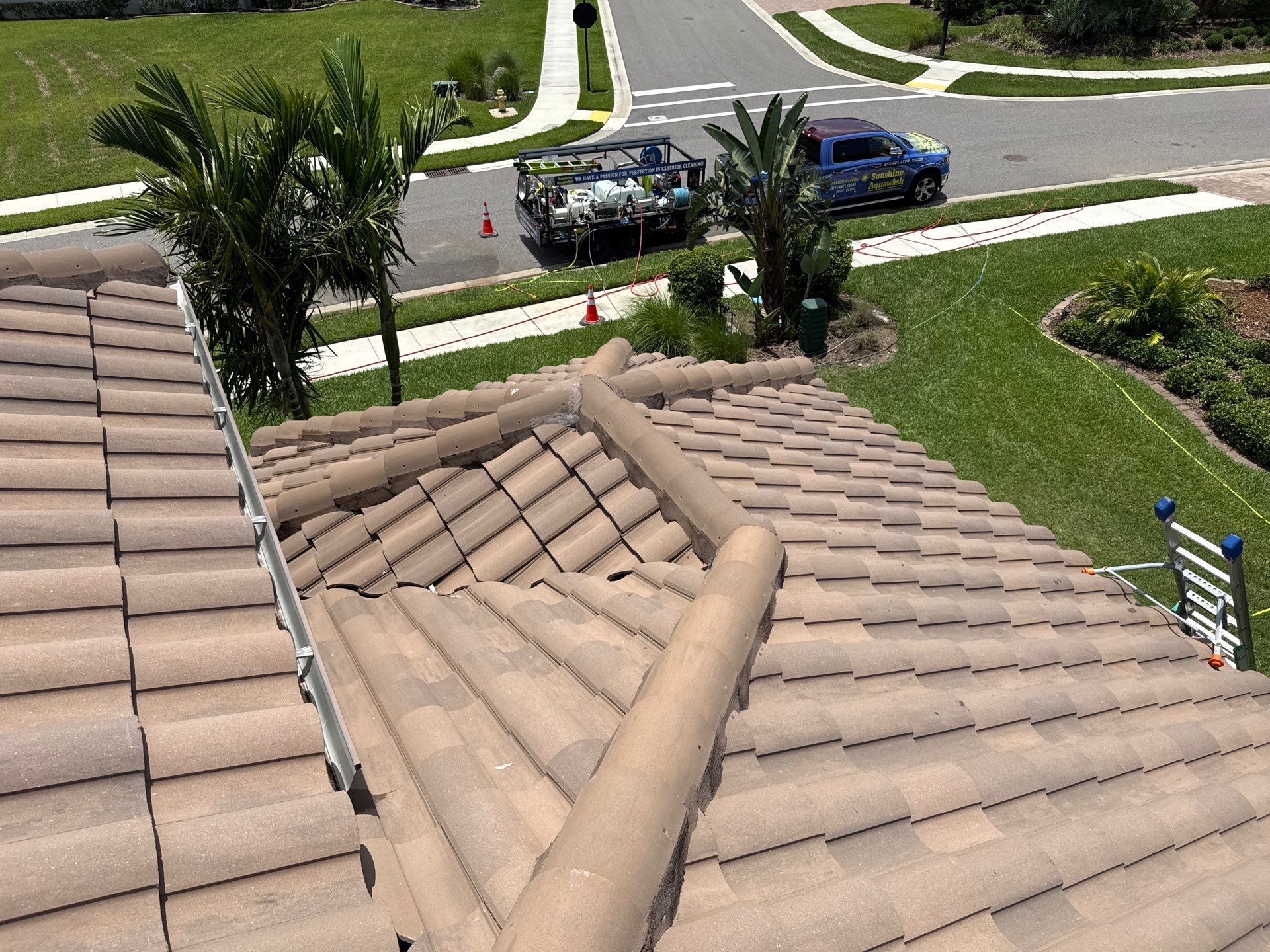 Neighboring Tile Roof Cleaning with Gutter Runoff Control – Palmetto, FL by Sunshine AquaWash