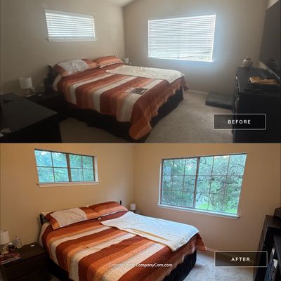 Before and after photo of a bedroom repainted by Hill Country Painting in Austin, TX
