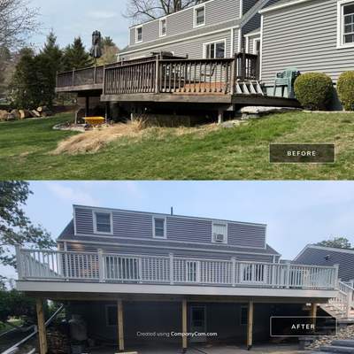 Deck replacement using Trex Select Pebble Gray and transcend White railing.