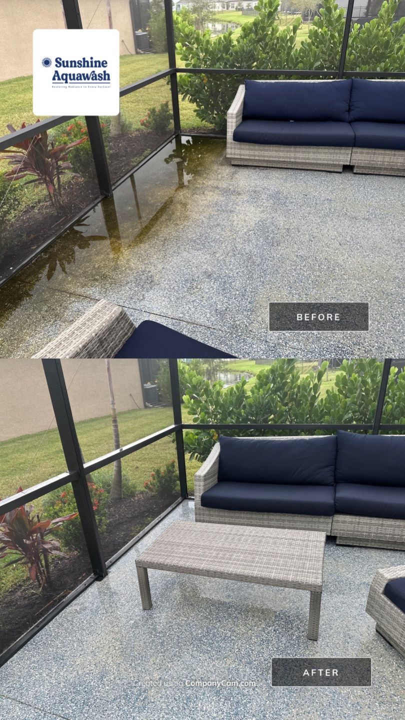 Lanai & Patio Cleaning with Epoxy-Coated Concrete Floor in Trevesta Community, Palmetto, FL | Sunshine AquaWash by Sunshine AquaWash