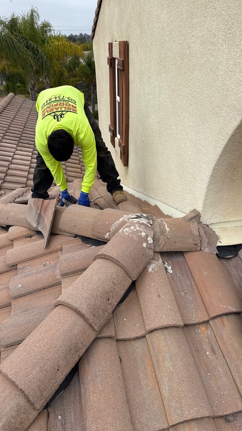 Terracotta Tile Roof Repair and Ridge Cap Sealing in Escondido by Reliable Roofing San Diego Inc.