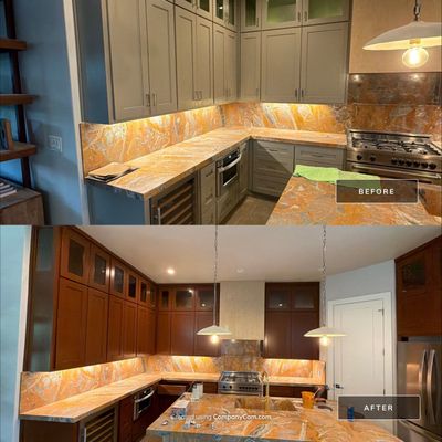 Before and after photo of kitchen cabinet color change by Hill Country Painting in Austin, TX