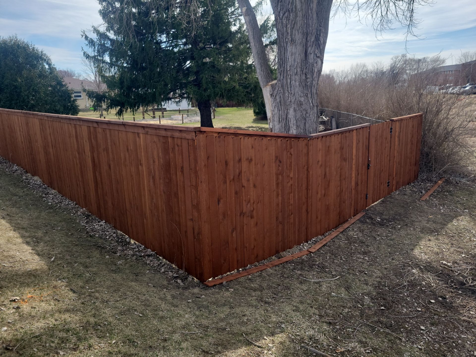 Custom Cedar Wood Privacy Fence with Double Gates and Integrated Planter Mailbox by Perfect Picket Fence and Stain