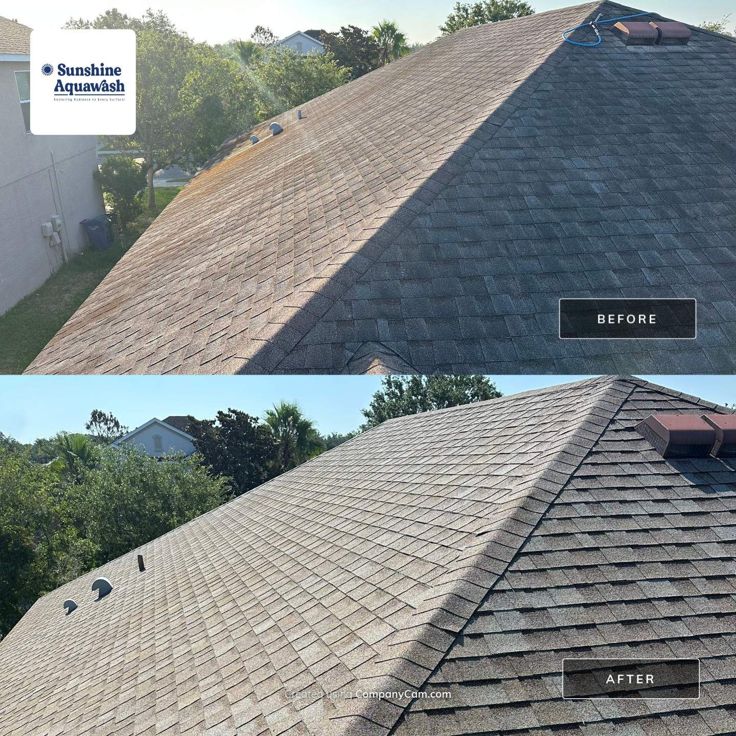 Asphalt Shingle Roof Soft Wash Cleaning & Concrete Pressure Washing in CopperStone Community, Parrish, FL by Sunshine AquaWash