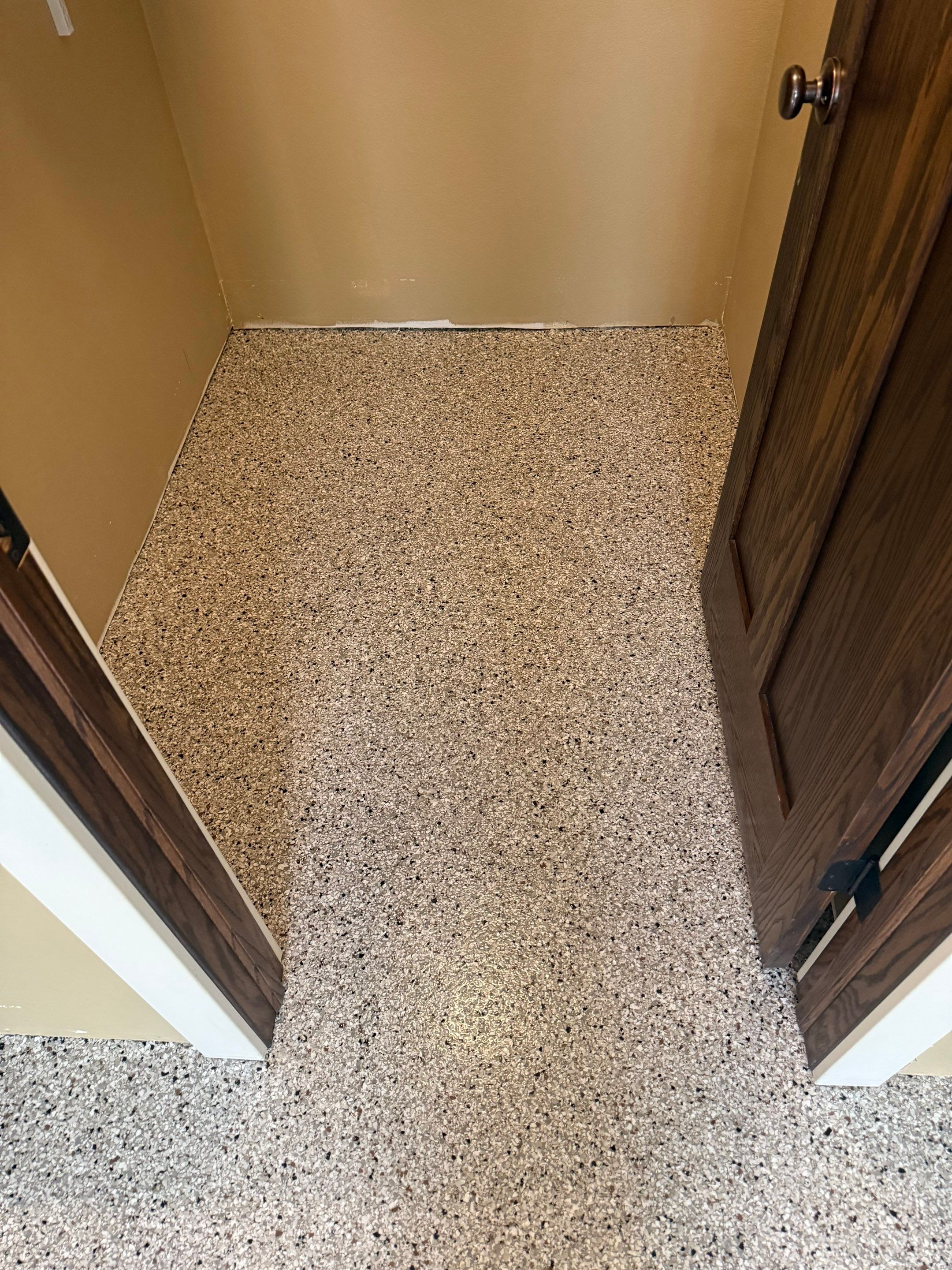 Decorative Flake Concrete Floor Coating for Larchwood Basement by Select Painting, Coatings & Garage Cabinets