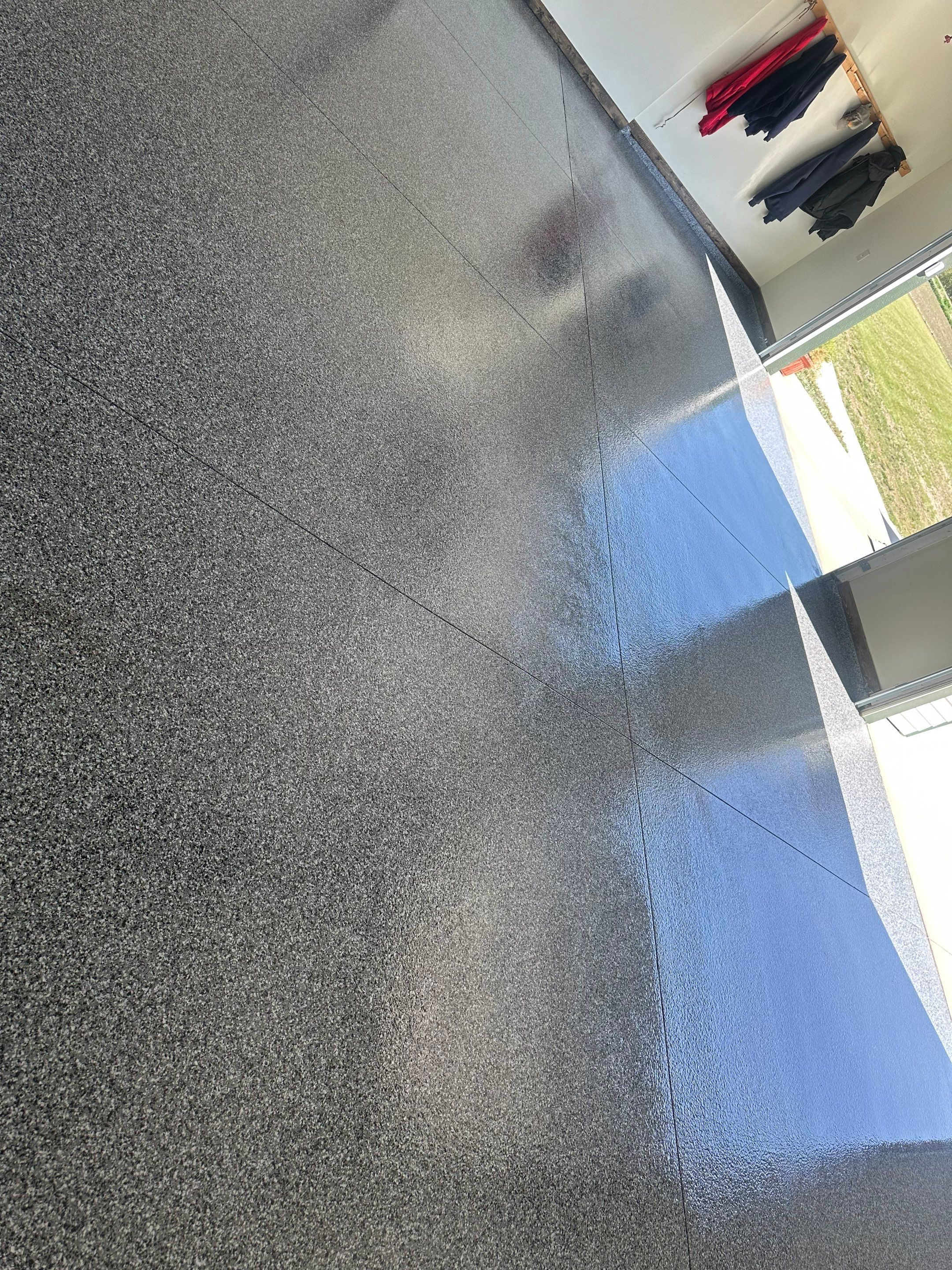 Speckled Epoxy Garage Floor Coating and Concrete Repair in Lennox by Select Painting, Coatings & Garage Cabinets