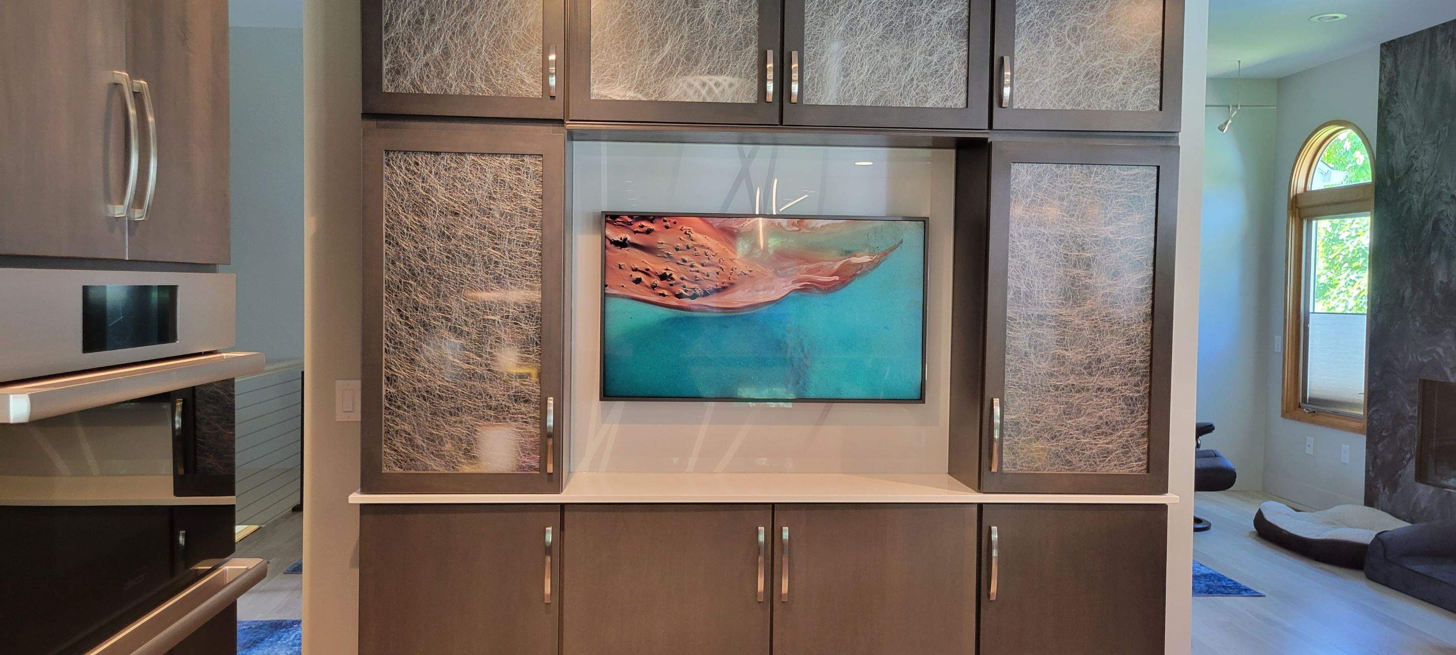 Kitchen Remodel using IMAGIO Misty Curves Solid Glass Backsplash by IMAGIO