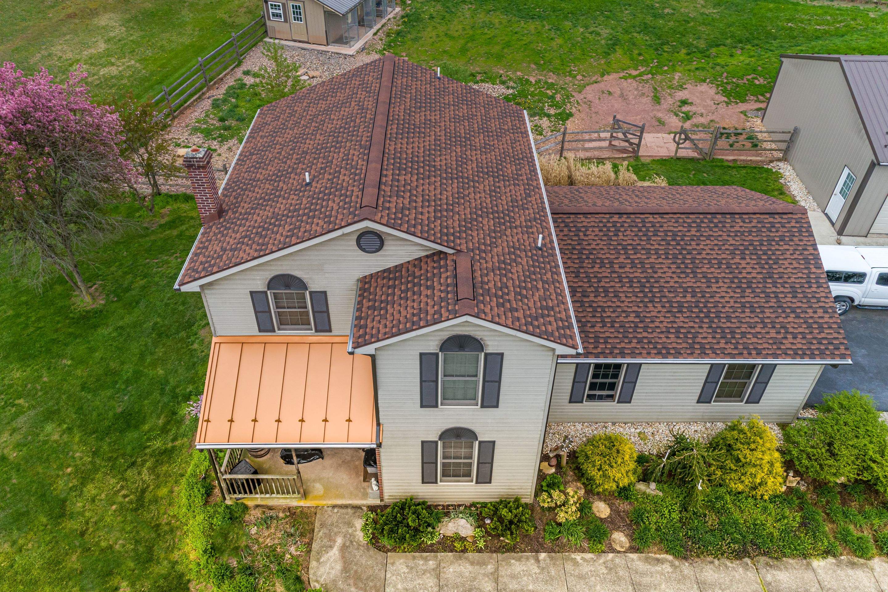 Shingle Roof-hickory, Metal Roof-bronze, Garage addition by Esh Builders