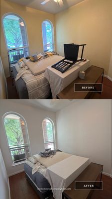 Before and after photo of a bedroom repainted by Hill Country Painting in Austin, TX