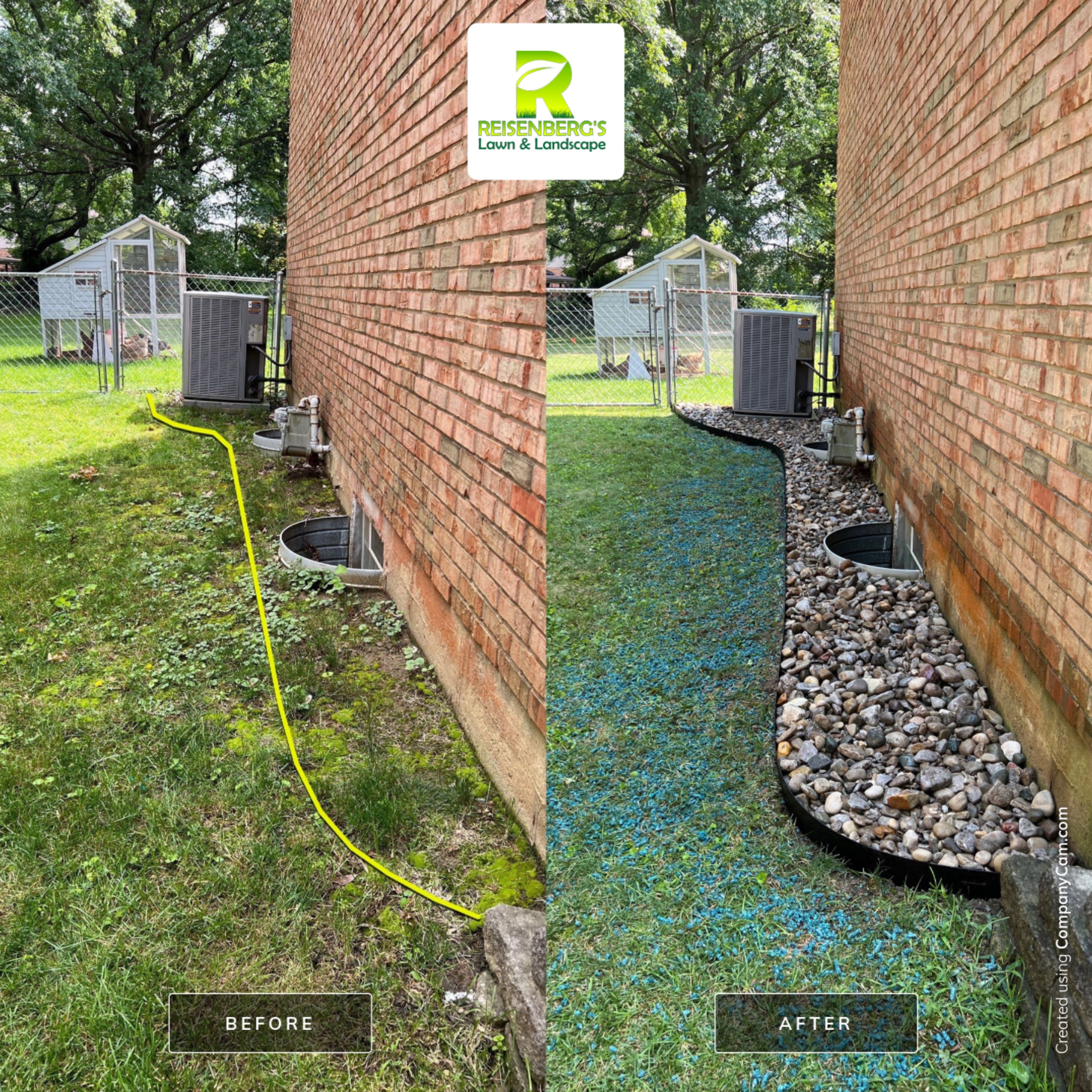 French Drain Install with Oversized River Gravel and Steel Metal Edging by Reisenberg’s Lawn & Landscape, LLC