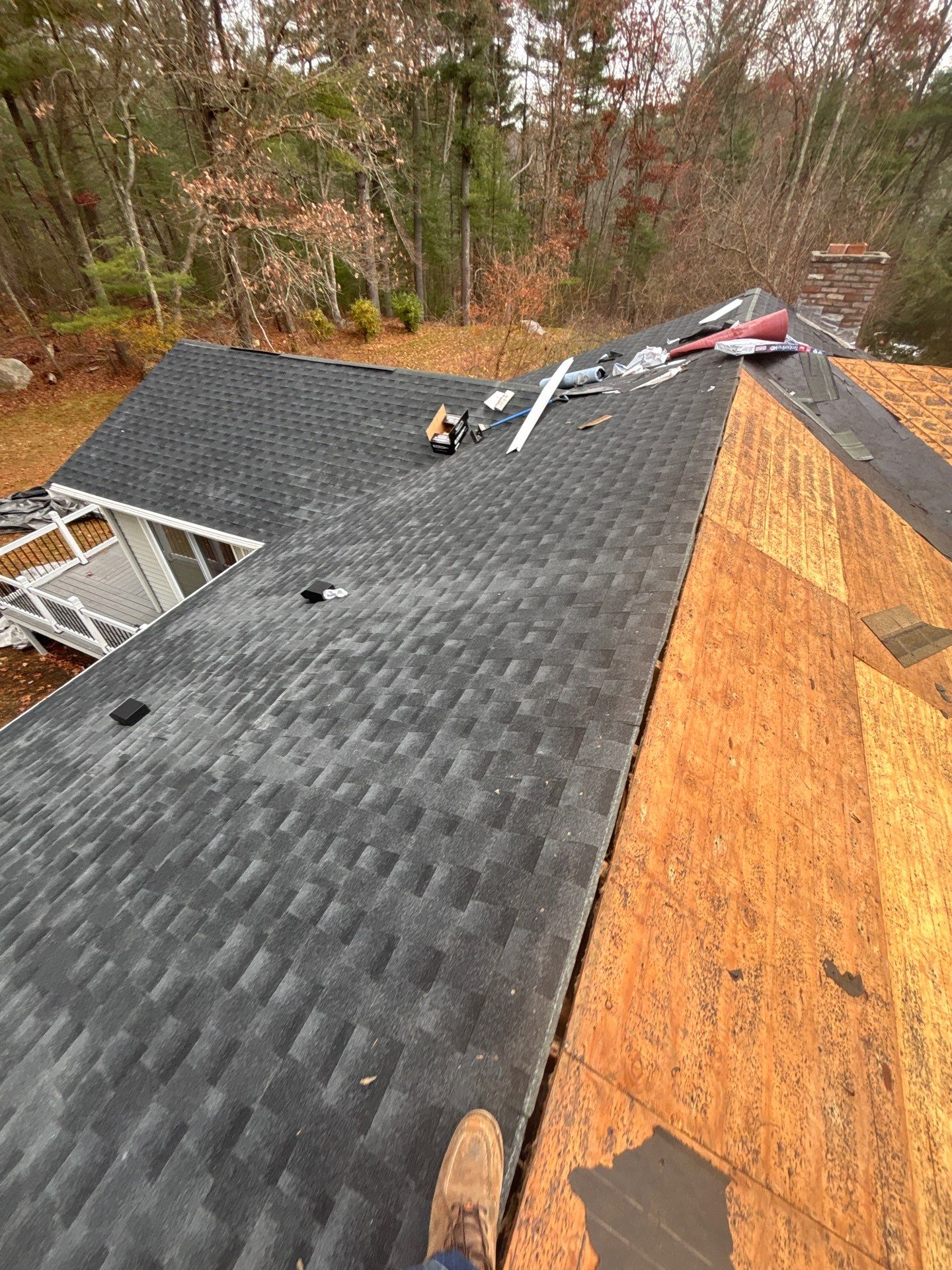 GAF Charcoal Roof Replacement with Vent Leak Repairs, PVC Fascia & Leaf Guard Gutters by Sensible Home Solutions