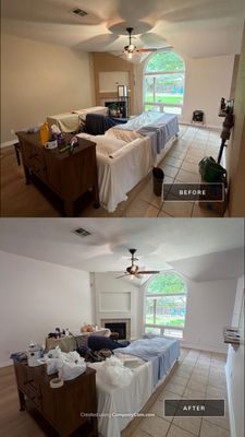 Before and after photo of a living room repainted by Hill Country Painting in Austin, TX
