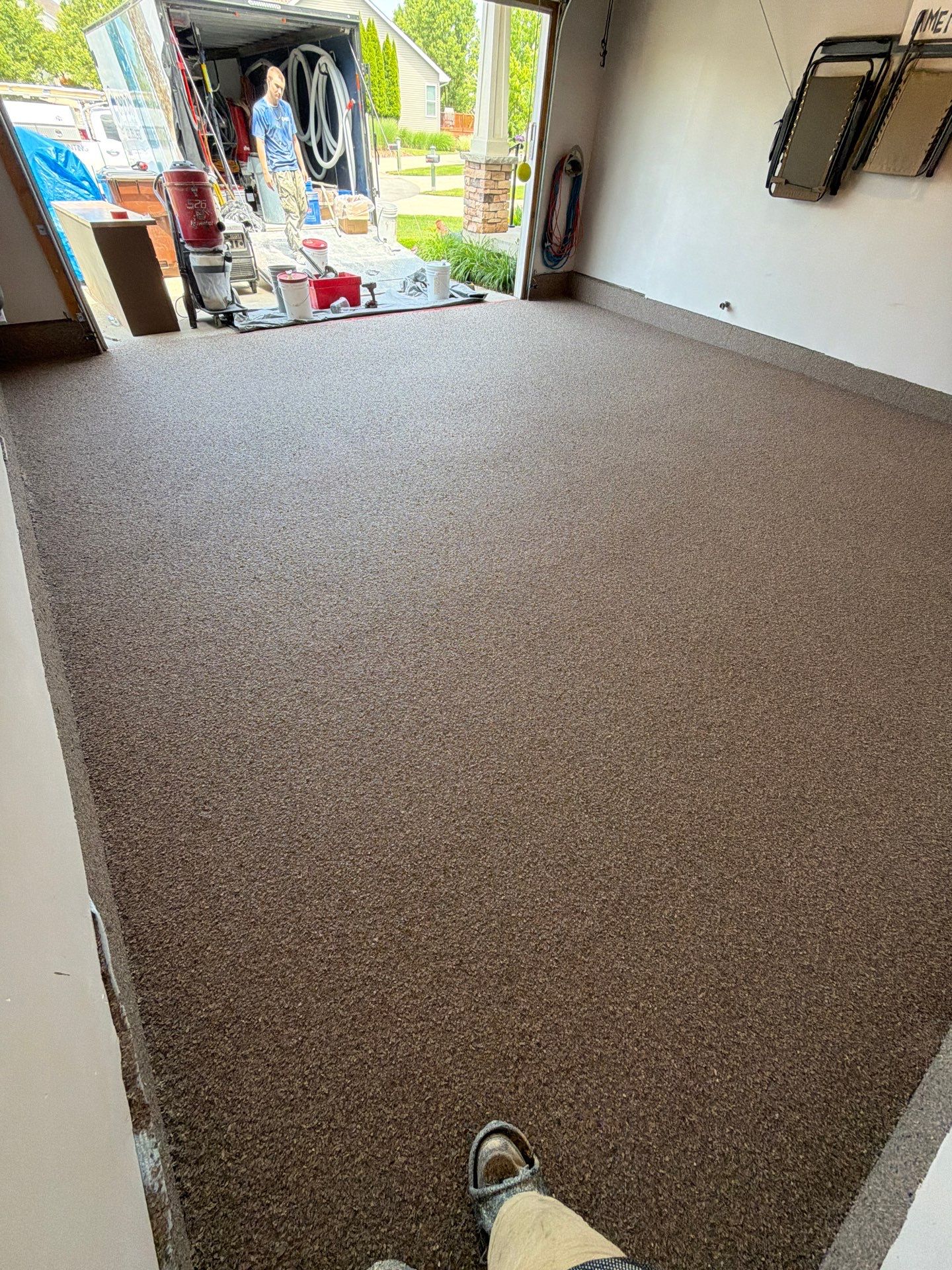 Garnet Polyaspartic Flake Garage Floor Installation in Zeeland by Gordon Painting