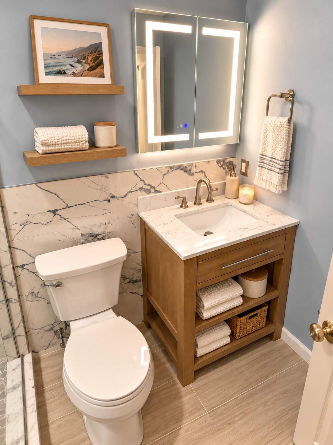Modern Spa-Inspired Bathroom Remodel with Marble-Look Walk-In Shower by Remodel Now