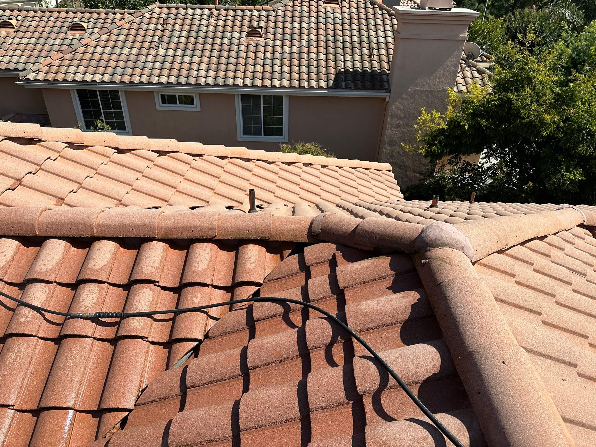 Roof wash on this dirty roof covered in algae by Property Cleaning Experts, LLC
