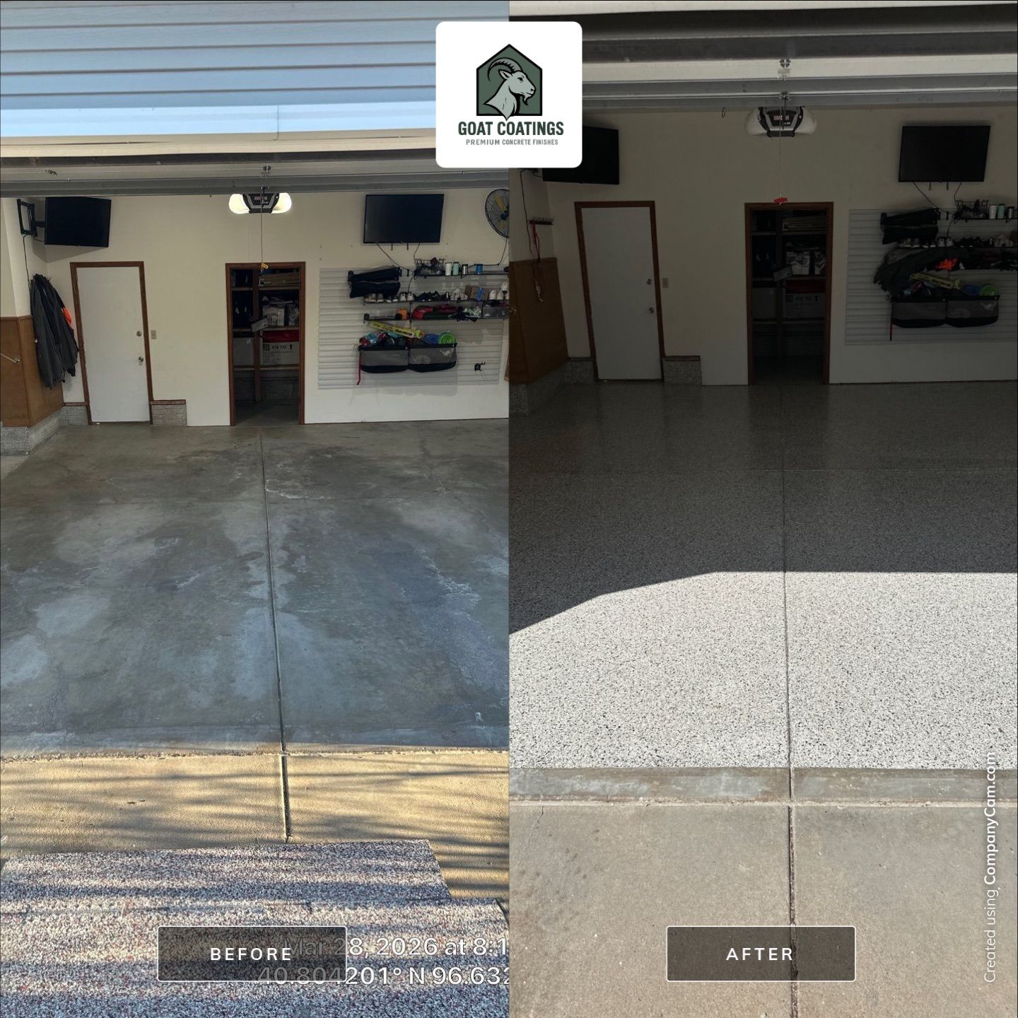 Two-Stall Epoxy Garage Floor Coating and Repair in Lincoln by Goat Coatings