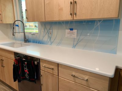 Kitchen Remodel using Misty Curves Blue IMAGIO Solid Glass Backsplash