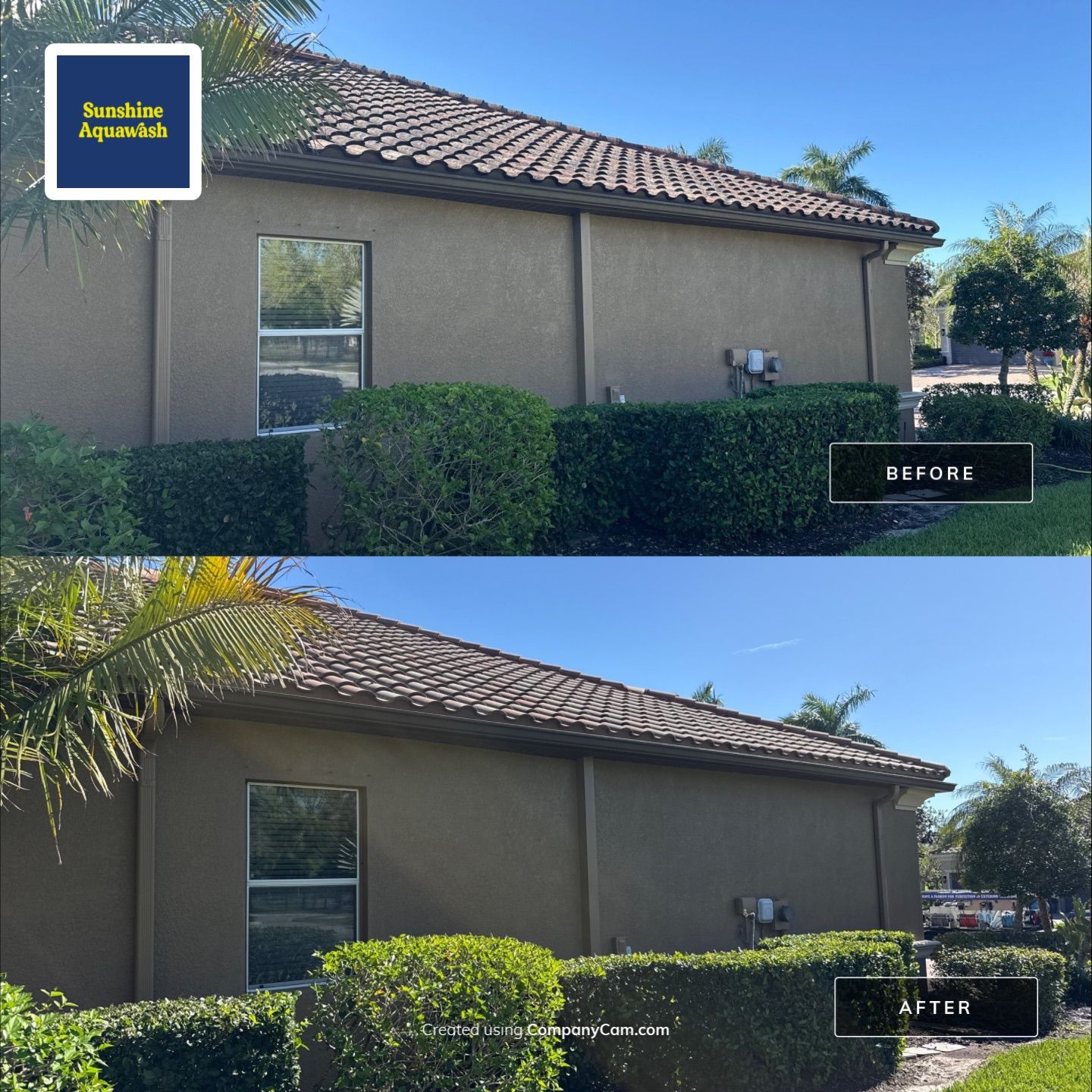 This project focused on a full gutter clean-out to restore proper water flow and prevent overflow issues.  Our scope of work included: 	•	Removing heavy leaf and pollen buildup from the gutter system 	•	Clearing out clogged sections along the rear gutters near the pool cage, where debris tends to accumulate more heavily 	•	Inspecting and cleaning the front gutter guards, which had several blocked areas restricting water flow 	•	Ensuring all downspouts and channels were flowing properly after service  Even with gutter guards installed, debris like pollen, shingle grit, and fine organic matter can still build up over time—especially in Florida’s environment. Regular maintenance helps prevent water damage, overflow, and staining on exterior surfaces.  Another thorough job completed by Sunshine AquaWash® – keeping homes protected from top to bottom. by Sunshine AquaWash