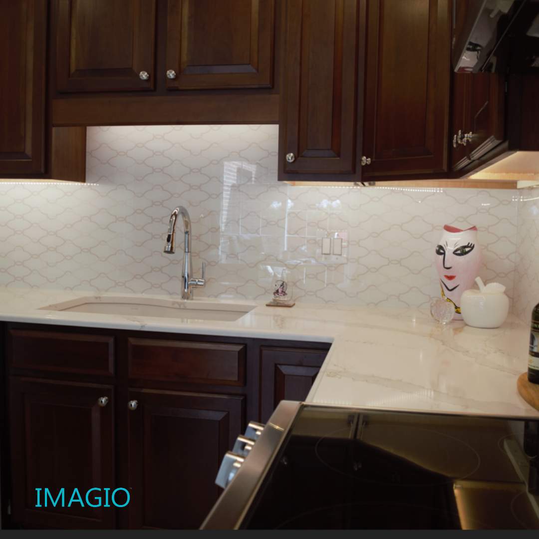 Kitchen Remodel using IMAGIO Solid Glass Backsplash Arabesque Drops by IMAGIO