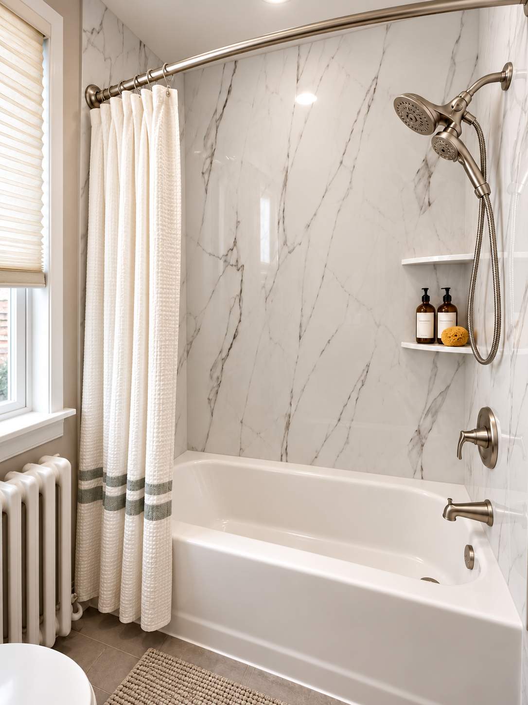 Modern Bathroom Remodel with Marble-Look Tub Surround by Remodel Now