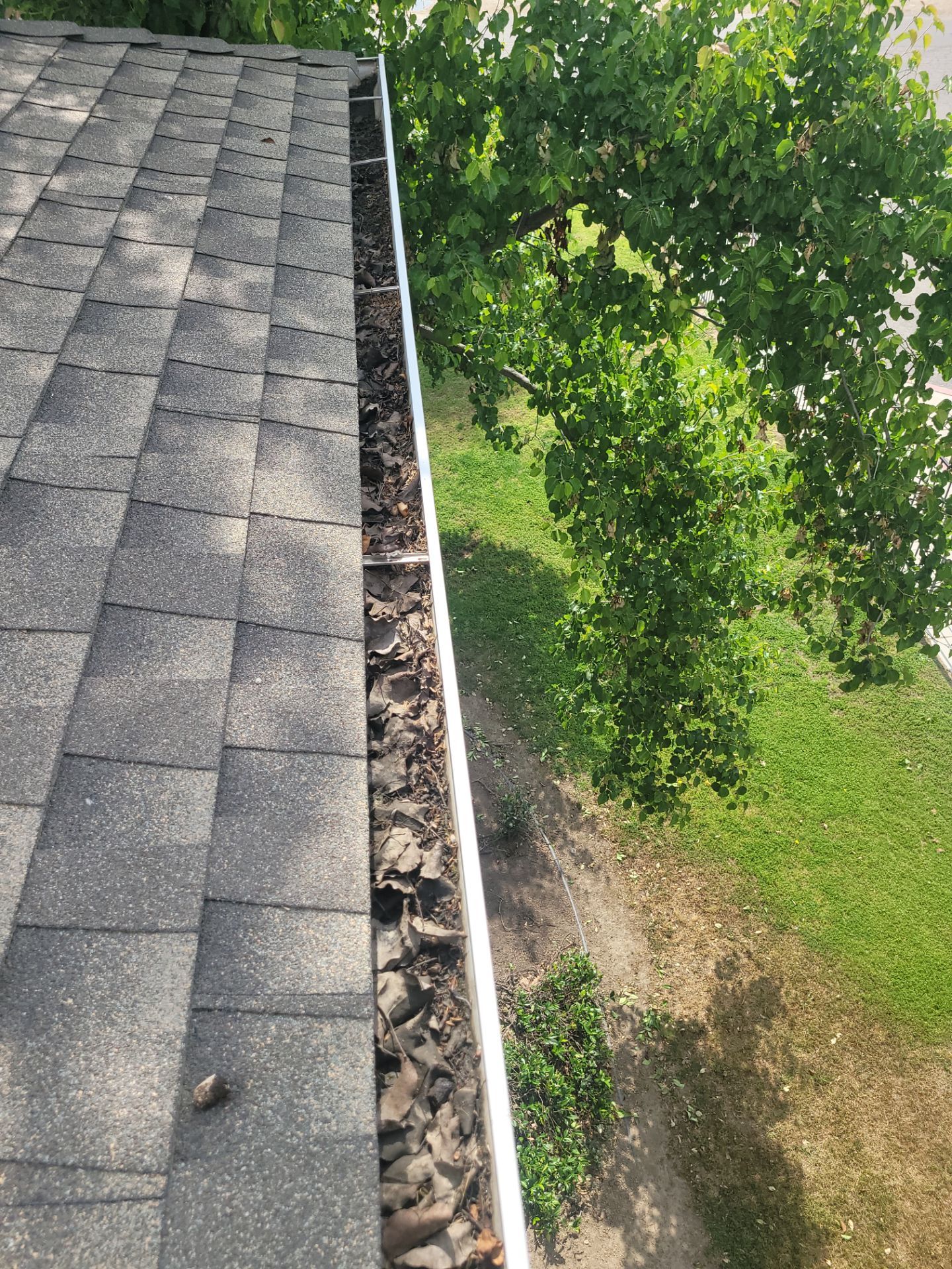 Commercial gutter cleaning Bakersfield, CA before photo with filled gutters