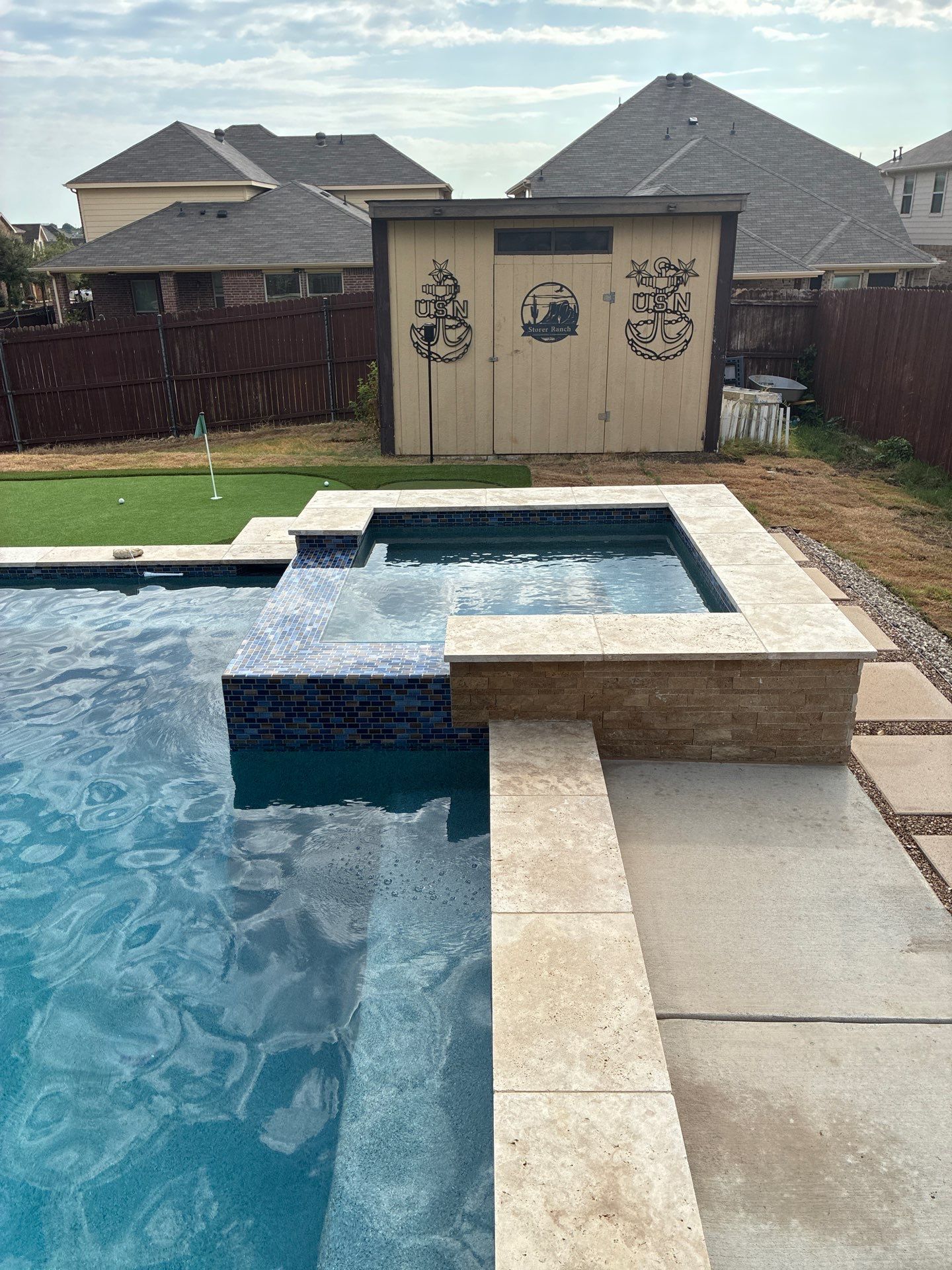 Geometric Pool with Raised Spa and Spillway by Pinnacle Pools and Spas - DFW