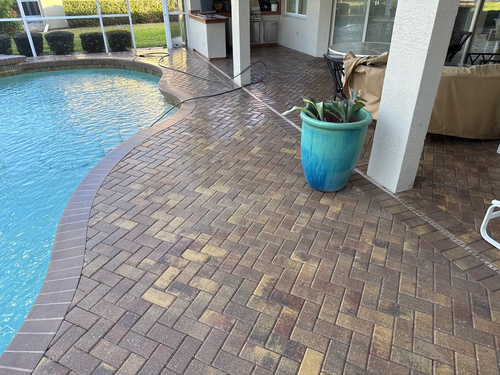 Paver Pool Deck and Screen Enclosure Cleaning in Lakewood Ranch, FL (Rosedale Highlands Community) by Sunshine AquaWash