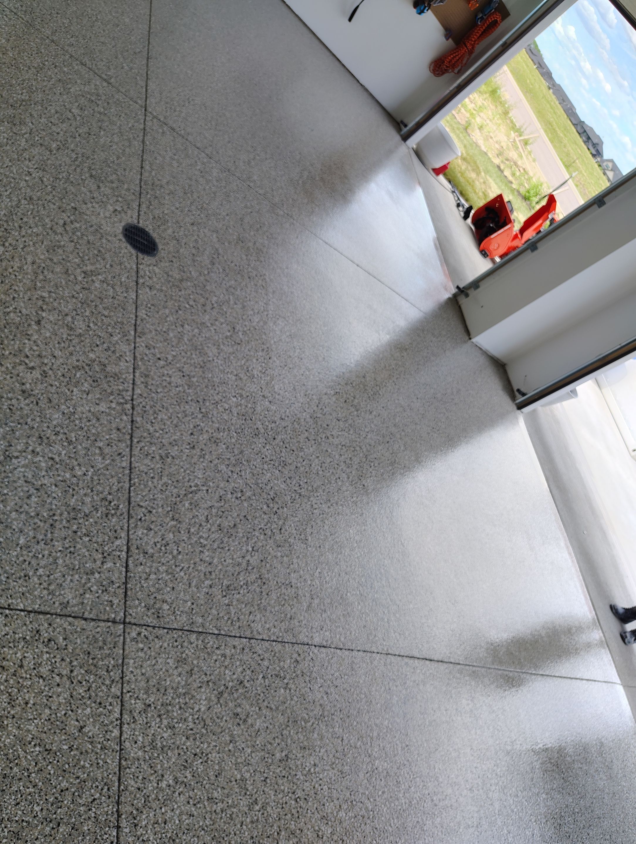 Gray and White Speckled Epoxy Garage Floor Coating in Tea by Select Painting, Coatings & Garage Cabinets