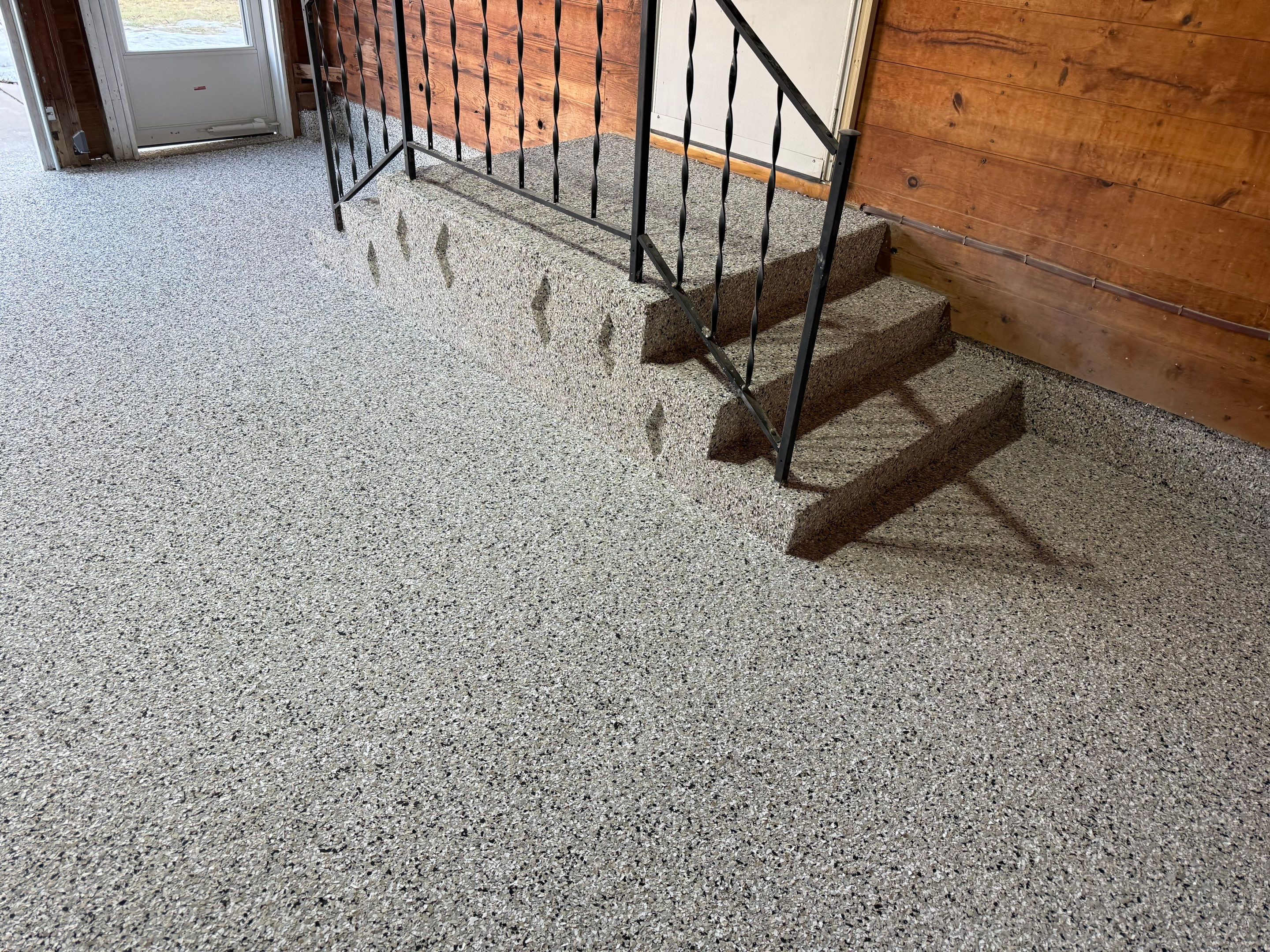 Multi-Colored Epoxy Garage Floor Coating and Concrete Stair Restoration by Select Painting, Coatings & Garage Cabinets
