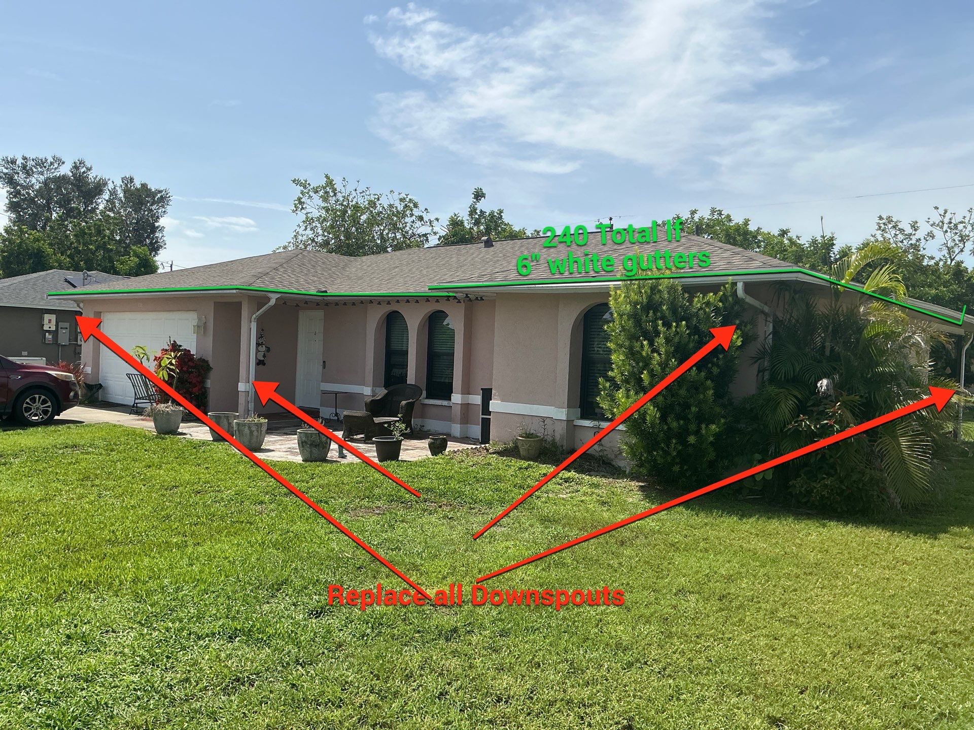 Replace gutter using White Down Spouts in Cape Coral FL by Gutter Professors