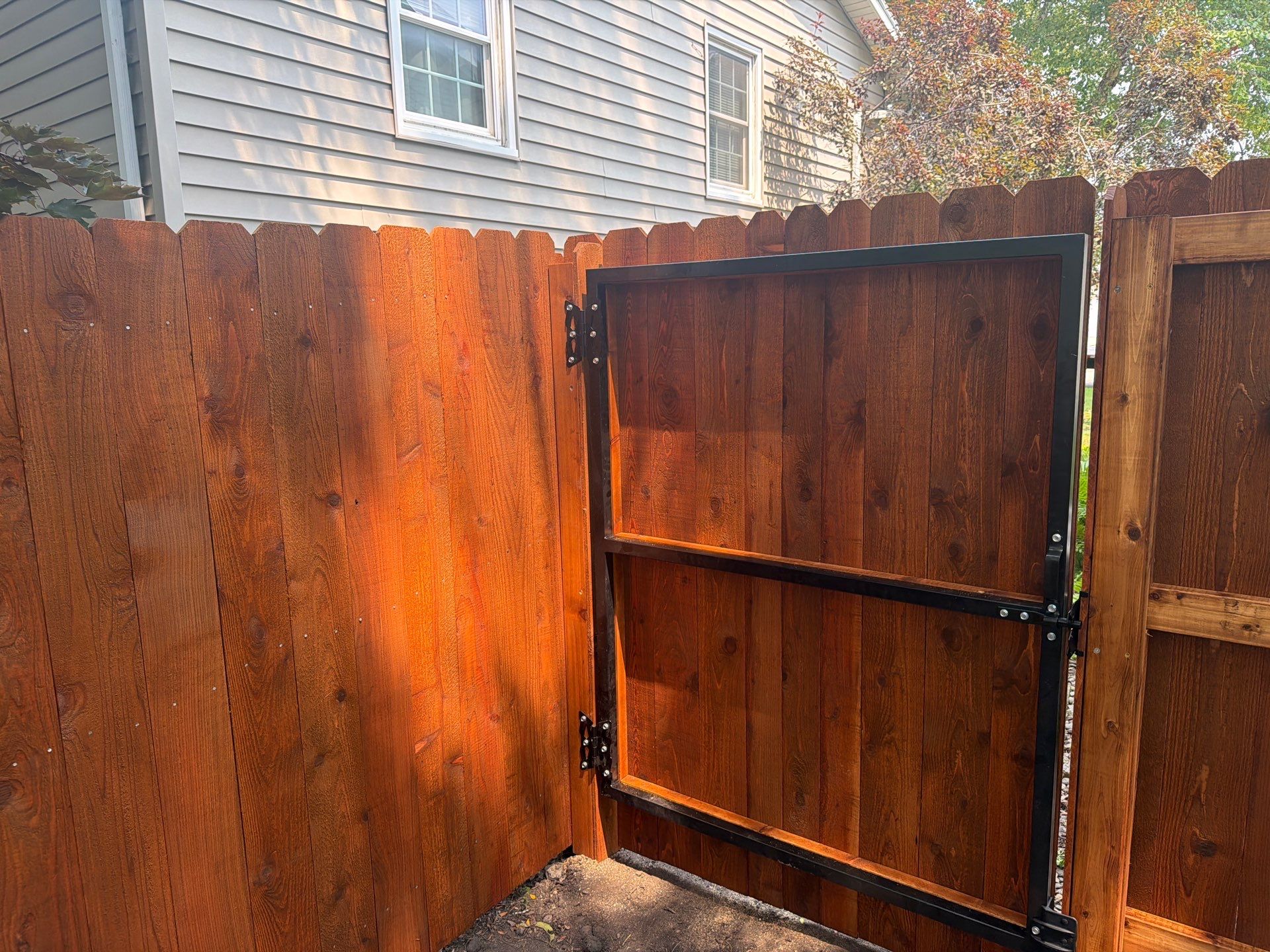 Pecan Cedar Privacy Fence Installation with Scalloped Top in Cedar Falls by Perfect Picket Fence and Stain