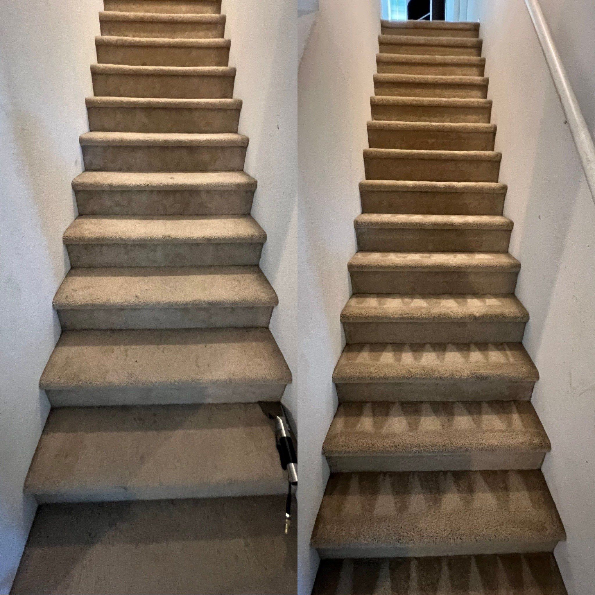 the service being done is carpet cleaning on the staircase making it look fresh and removing stains and dirt