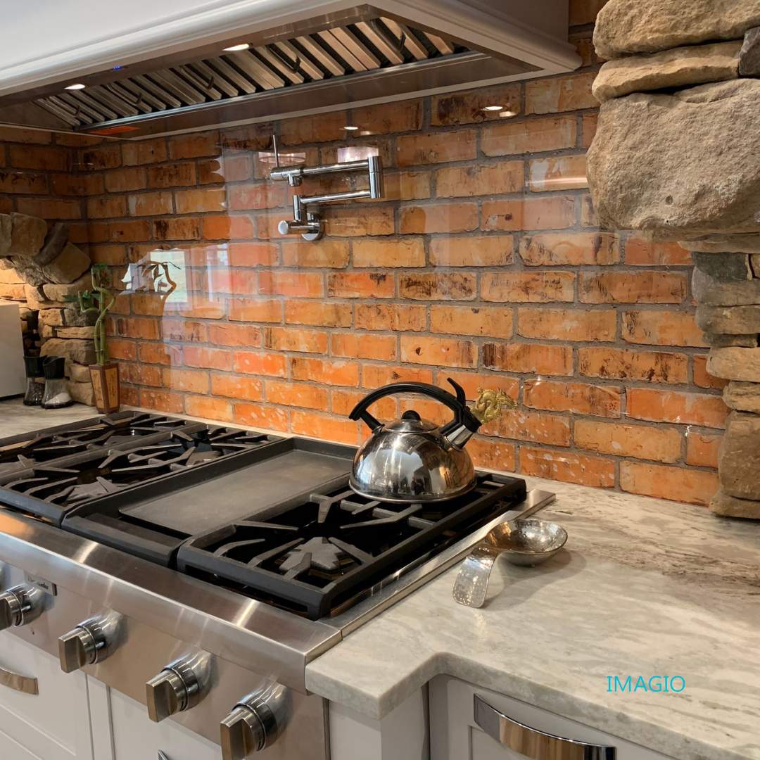 Kitchen Remodel using Weathered Brick IMAGIO Solid Glass Backsplash by IMAGIO