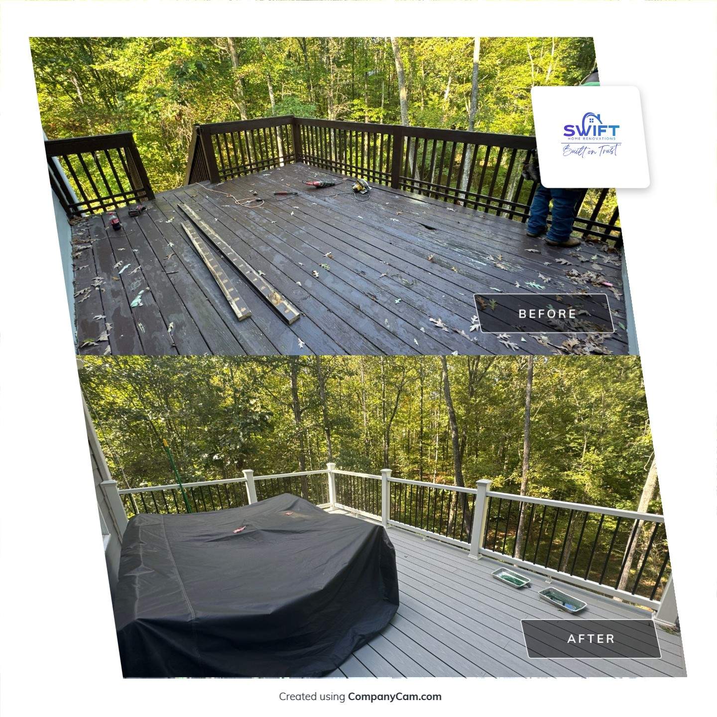 Elevated Deck Replacement with White Railings in Kennesaw by Swift Home Renovations 