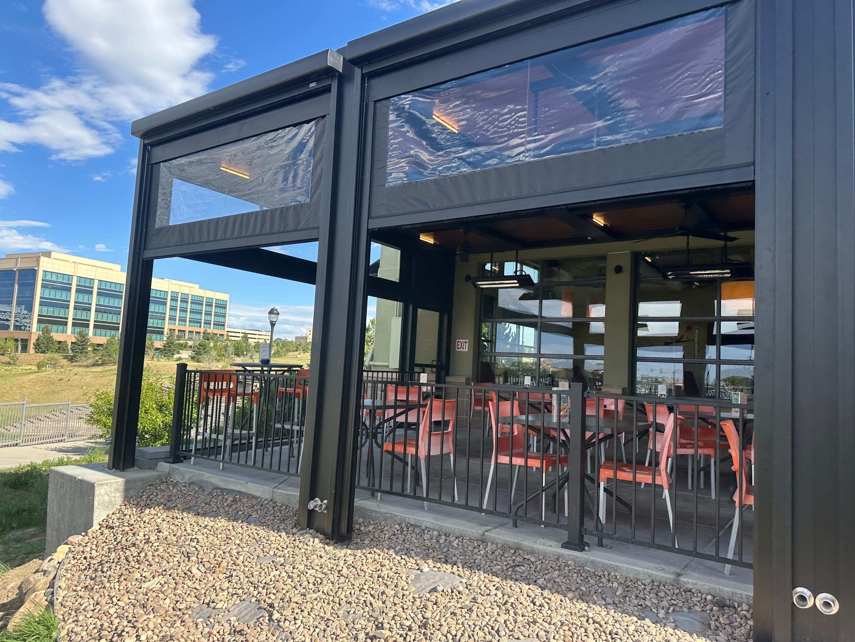 Commercial Azenco Pergola and MagnaTrack Screen Installation in Lone Tree by Outdoor Solutions Colorado