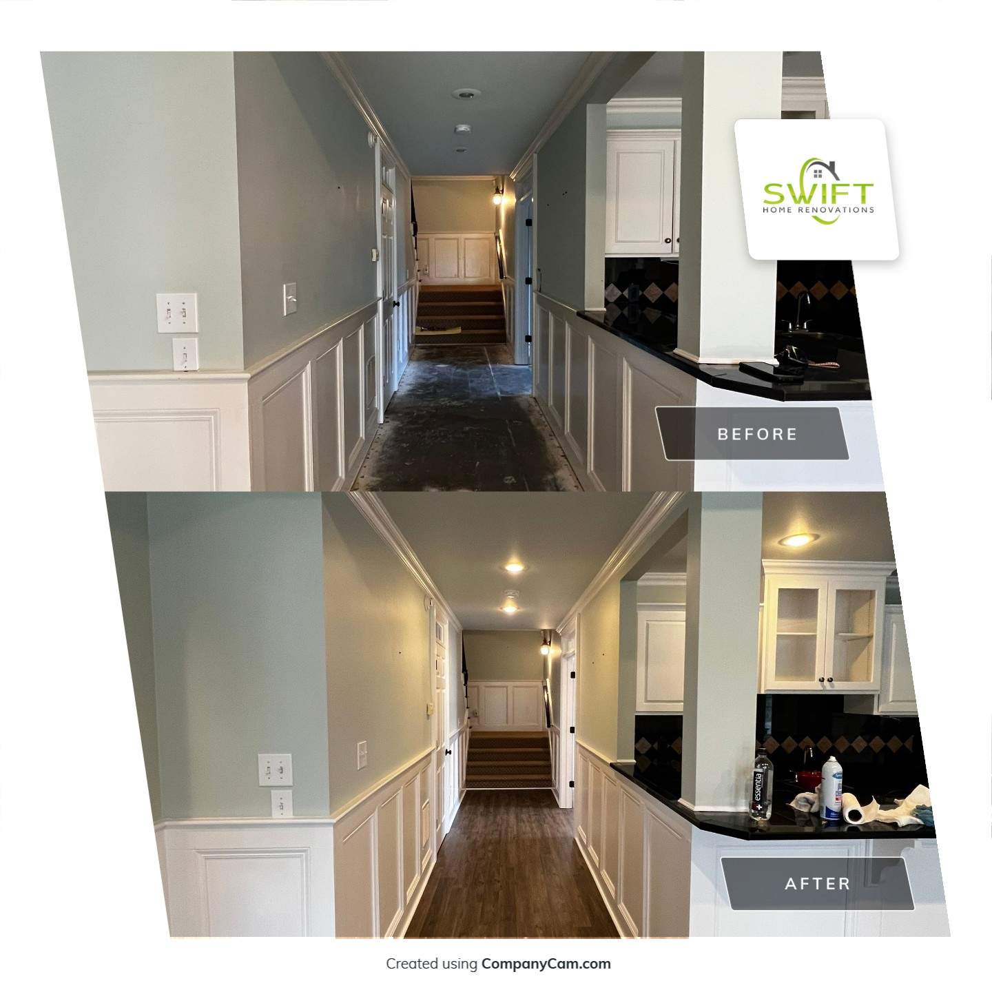 Finished Basement Remodeling with Dark Wood-Look Flooring and Custom Wainscoting by Swift Home Renovations 