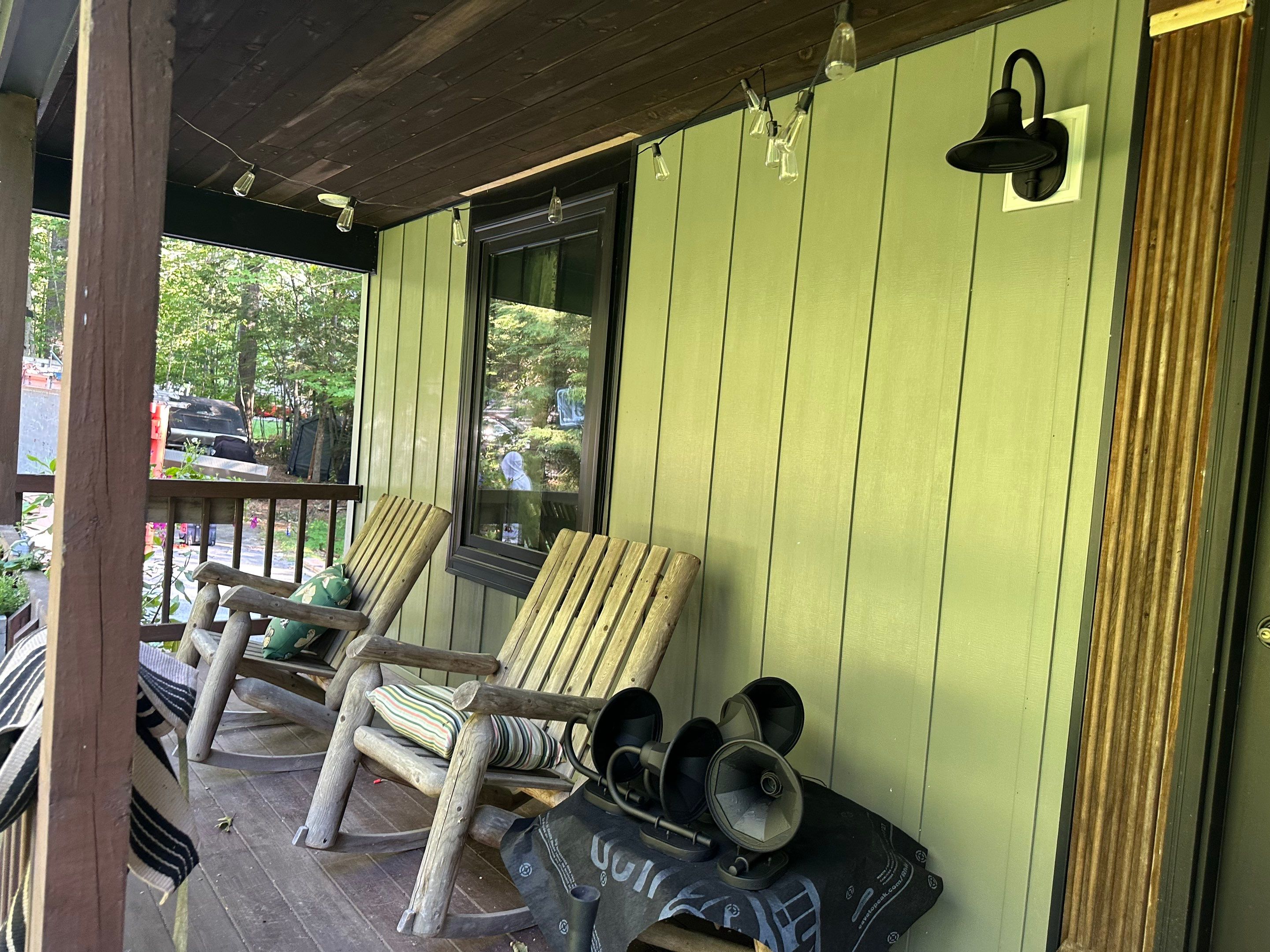 Sage Green Board and Batten Siding and Deck Upgrade in Standish by Tall pine roofing