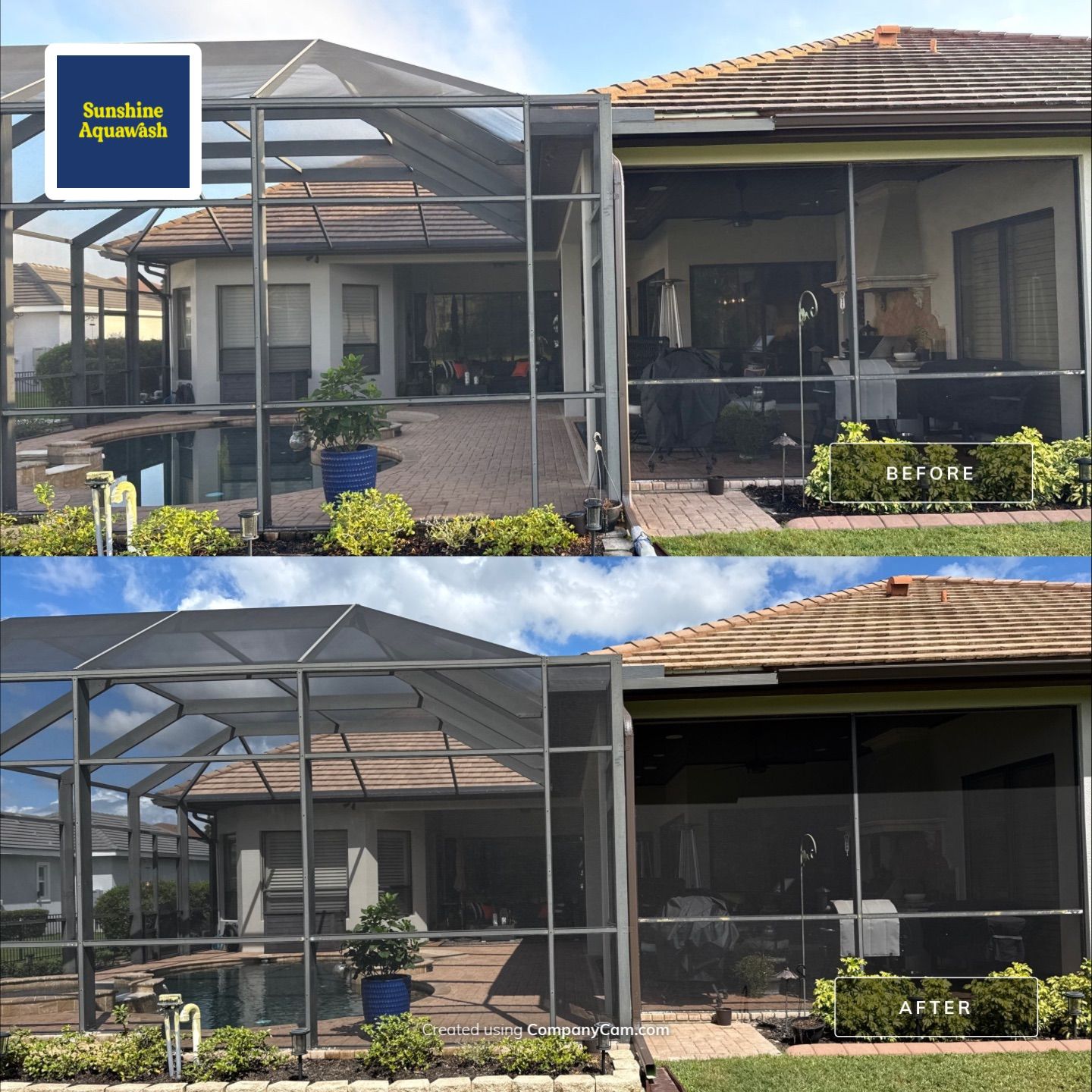 Tile Roof, Paver Pool Deck & Flowerbed Curbing Cleaning | Winding River Bradenton, FL Transformation by Sunshine AquaWash