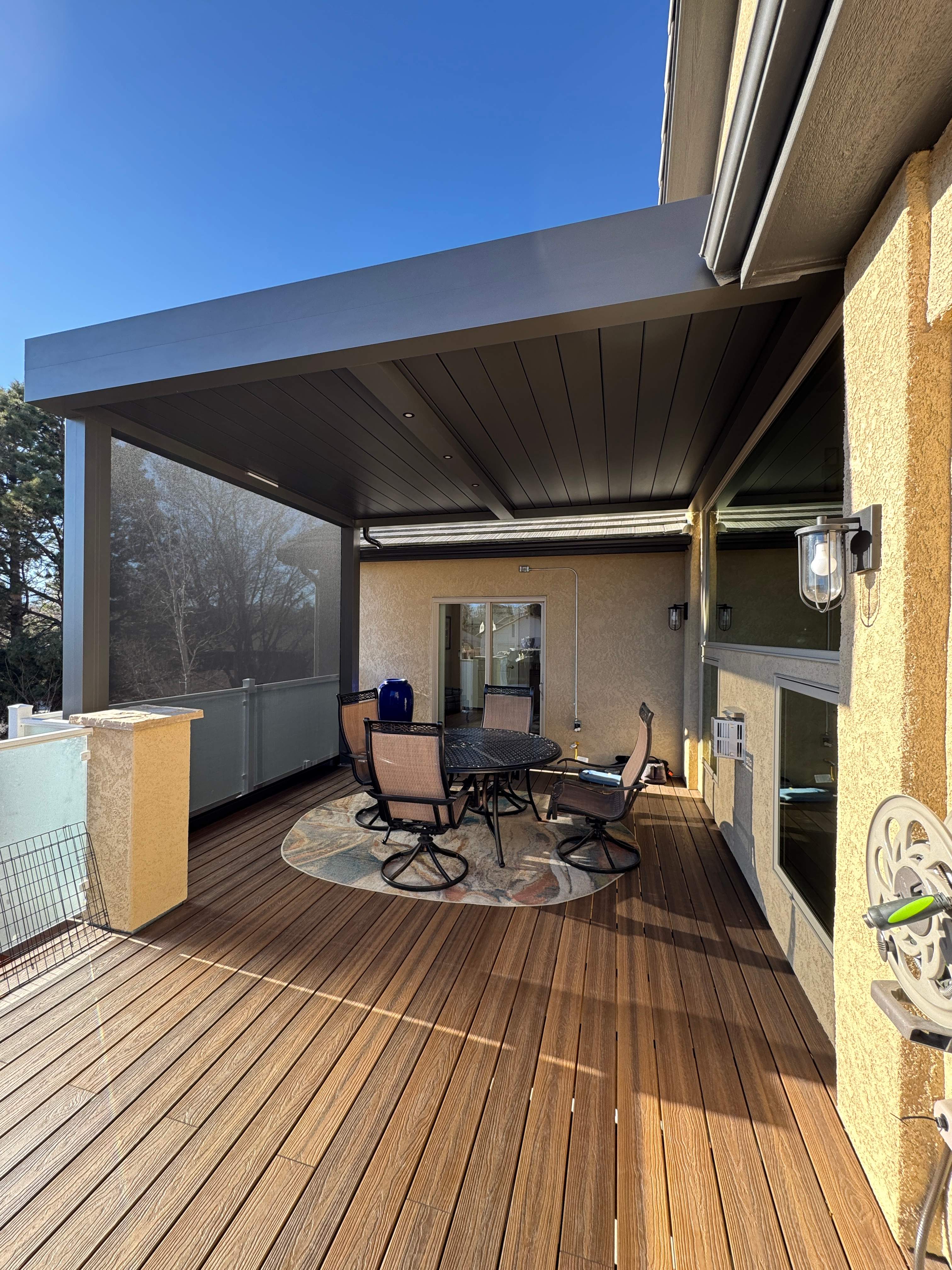 Aluminum Pergola using Azenco Outdoor with MagnaTrack Screen by Outdoor Solutions Colorado