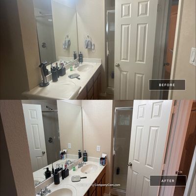 Before and after photo of a bathroom repainted by Hill Country Painting in Austin, TX