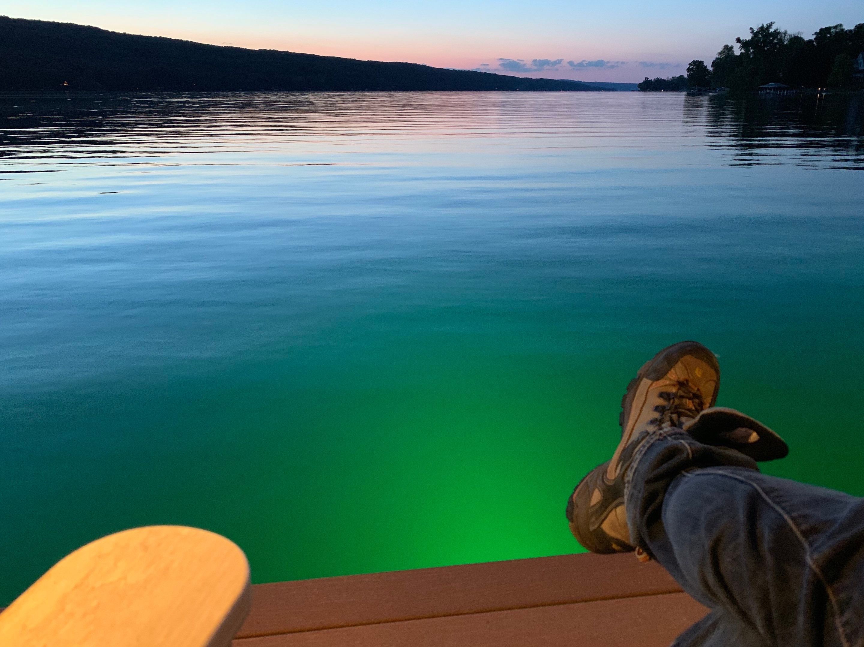 Custom Timber-Framed Boat Dock with Multi-Color LED Lighting on Keuka Lake, New York by Outdoor Lights + Shades
